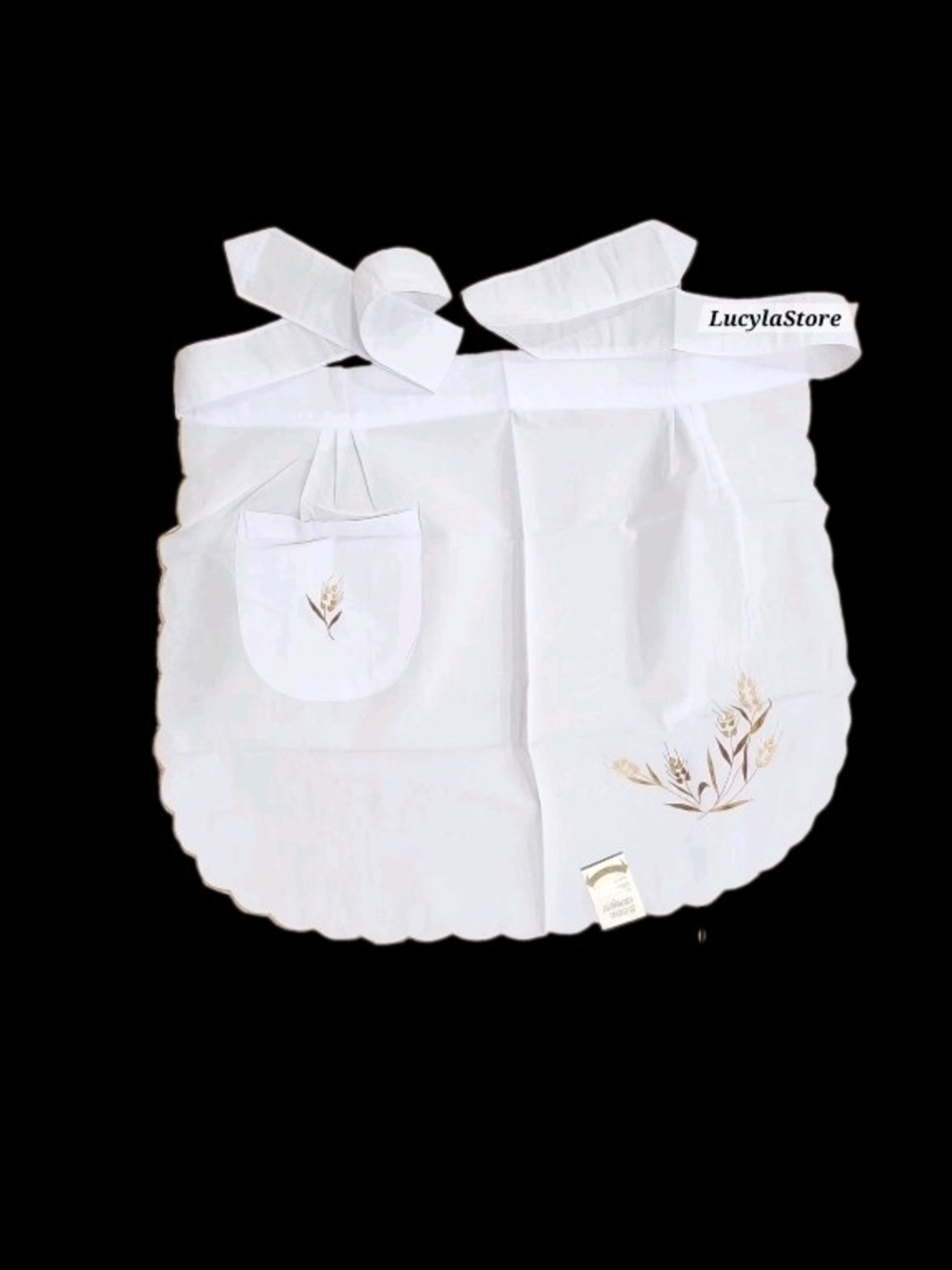 Vintage White Apron Embroidered Wheat Scalloped Edge New Old Stock 80s Waist Tie